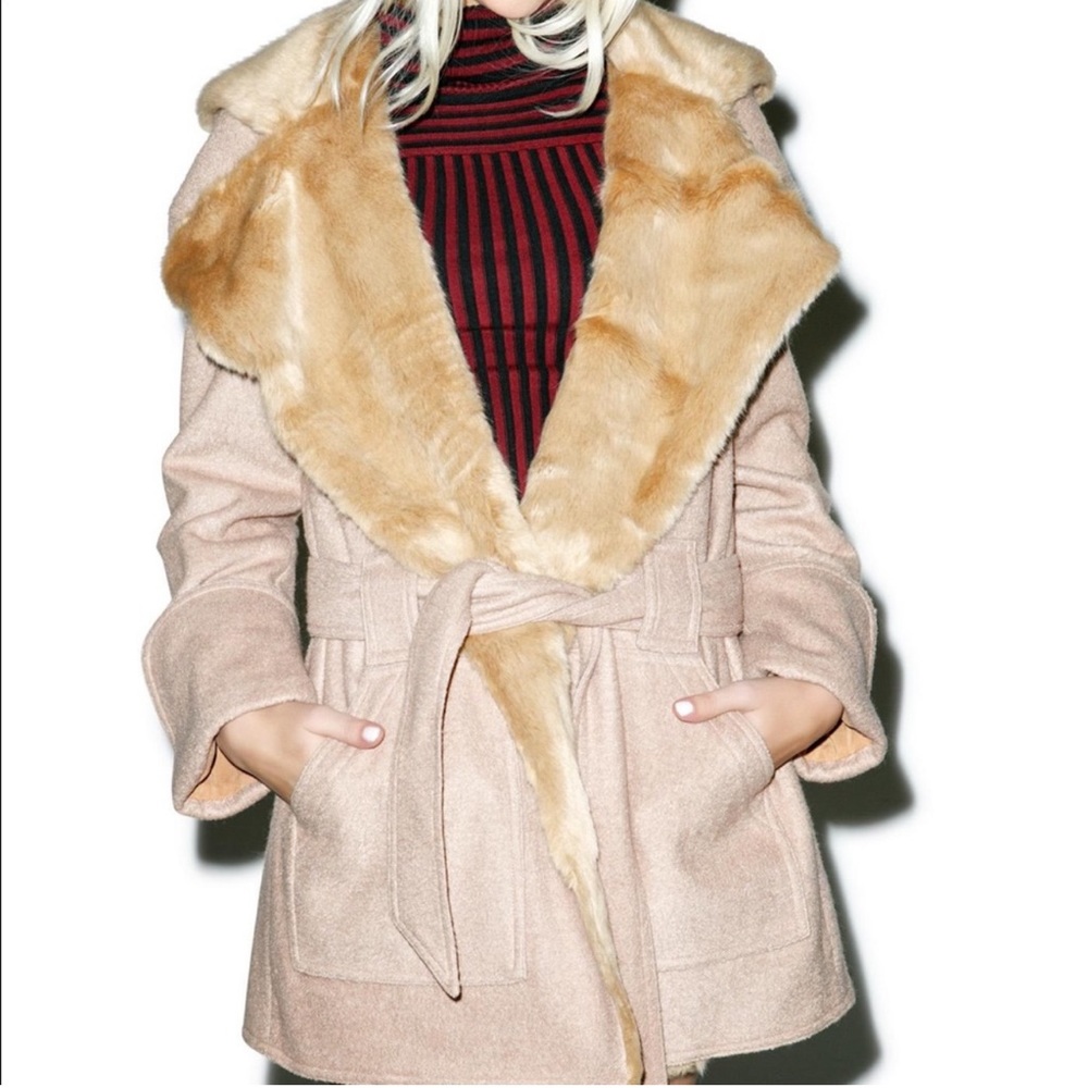 For love and Lemons tan fur trench coat small